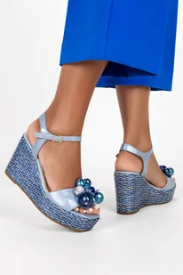 Niebieskie sandały skórzane damskie espadryle na koturnie z ozdobą PRODUKT POLSKI Casu 2485 - Sandały damskie - miniaturka - grafika 1