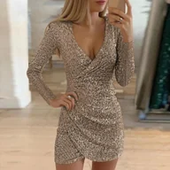 Sukienki - Błyszcząca kopertowa sukienka mini - Złoty - miniaturka - grafika 1