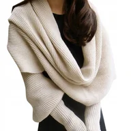 Swetry damskie - CIEPŁY SWETER DAMSKI GRUBY SZAL Z RĘKAWAMI PONCHO MODNY SZALIK - miniaturka - grafika 1