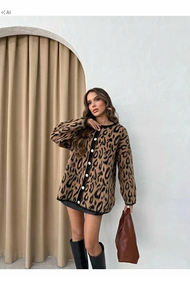 MIĘKKI PLECIONY SWETER DAMSKI W PANTERKĘ OVERSIZE M 5IA