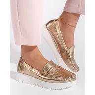 Mokasyny damskie - Goodin Ażurowe złote mokasyny damskie na platformie złoty - miniaturka - grafika 1