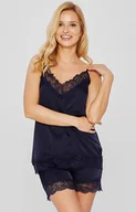 Piżamy damskie - Granatowa satynowa piżama z koronką z krótkimi spodenkami i koszulką na cienkich, Kolor granatowy, Rozmiar L, Mona - Intymna - miniaturka - grafika 1