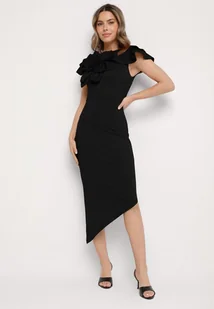 Czarna Asymetryczna Sukienka Koktajlowa Vices z Falbankami i Kwiatem 3D Tolaseia - Sukienki - miniaturka - grafika 1