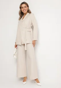 Beżowy Garnitur Marynarka o Asymetrycznym Kroju i Szerokie Spodnie Purria - Komplety damskie - miniaturka - grafika 1