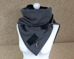 Szal wełniany ze skórą, Unisex - Szary prążek - Apaszki i szaliki damskie - miniaturka - grafika 1