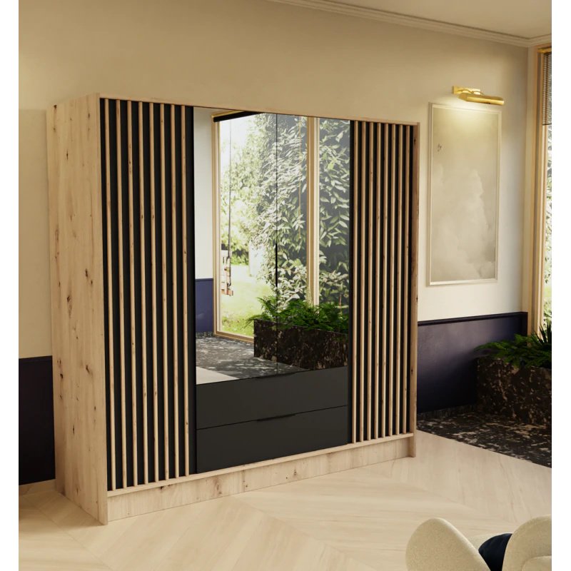 Szafa z drzwiami skrzydłowymi ORE, 4-drzwiowa szafa z 2 szufladami i 2 lustrami, nowoczesna szafa, wymiary szafy: 200 x 200 x 51 cm