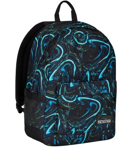 Seven Ischoolpack jednokomorowy plecak, niebiesko-czarny, z wbudowanym bankiem Pawer Bank i wtyczką USB, kieszenią na butelkę, plecak szkolny i podróżny, dla dzieci i młodzieży, niebieski, Taglia