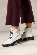 Botki damskie - Białe botki skórzane damskie Sergio Leone na czarnej żłobionej platformie ozdobne przeszycia na cholewce sznurowane YG74751-H - miniaturka - grafika 1