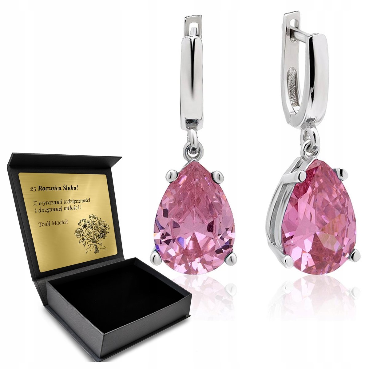 Kolczyki Srebrne 925 Różowy Topaz Biżuteria Dla Kobiety + Grawer
