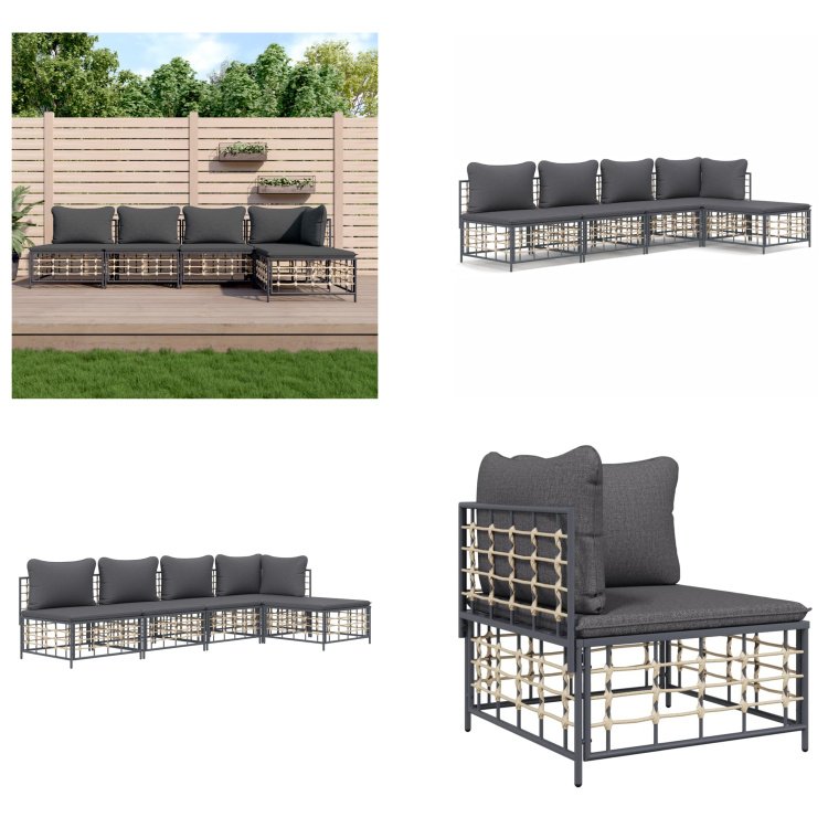 vidaXL 5-częściowy zestaw wypoczynkowy do ogrodu z poduszkami antracytowy rattan - Zestaw wypoczynkowy do ogrodu - Zestawy wypoczynkowe do ogrodu - Zestaw wypoczynkowy - Meble ogrodowe