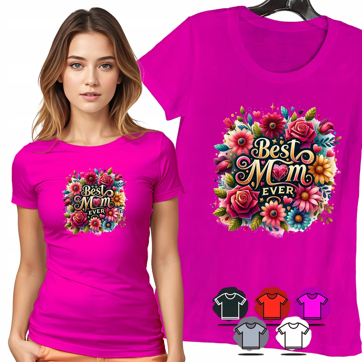 KOSZULKA DAMSKA T-SHIRT - BEST MOM EVER CZERWONE RÓŻE KWIATY WZÓR MODA - M