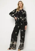 Komplety damskie - Czarny Bawełniany Komplet Zdobiony Metalicznym Haftem Koszula i Spodnie Banovia - miniaturka - grafika 1