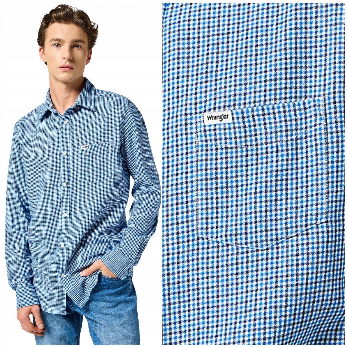 Wrangler 1 PKT SHIRT Blue bawełniana koszula w drobną kratę REGULAR FIT M
