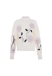 Swetry damskie - faina Damski sweter z dzianiny z nieregularnymi otworami i cekinowymi kwiatami WOLLBIAŁY rozmiar XL/XXL, biały (wollweiss), XL - grafika 1