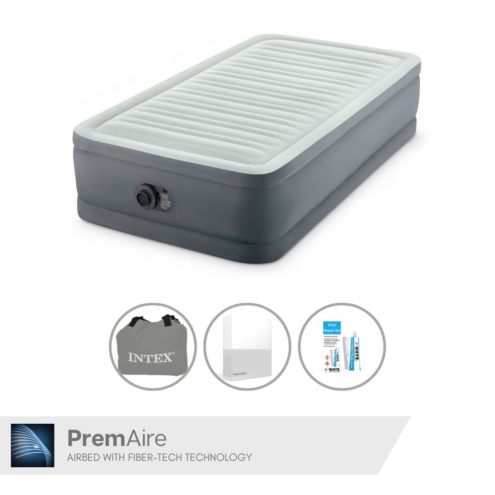 Łóżko dmuchane Intex - 1 osoba - 99 x 191 x 46 cm - Szare - Z pompką elektryczną + prześcieradło białe + zestaw naprawczy