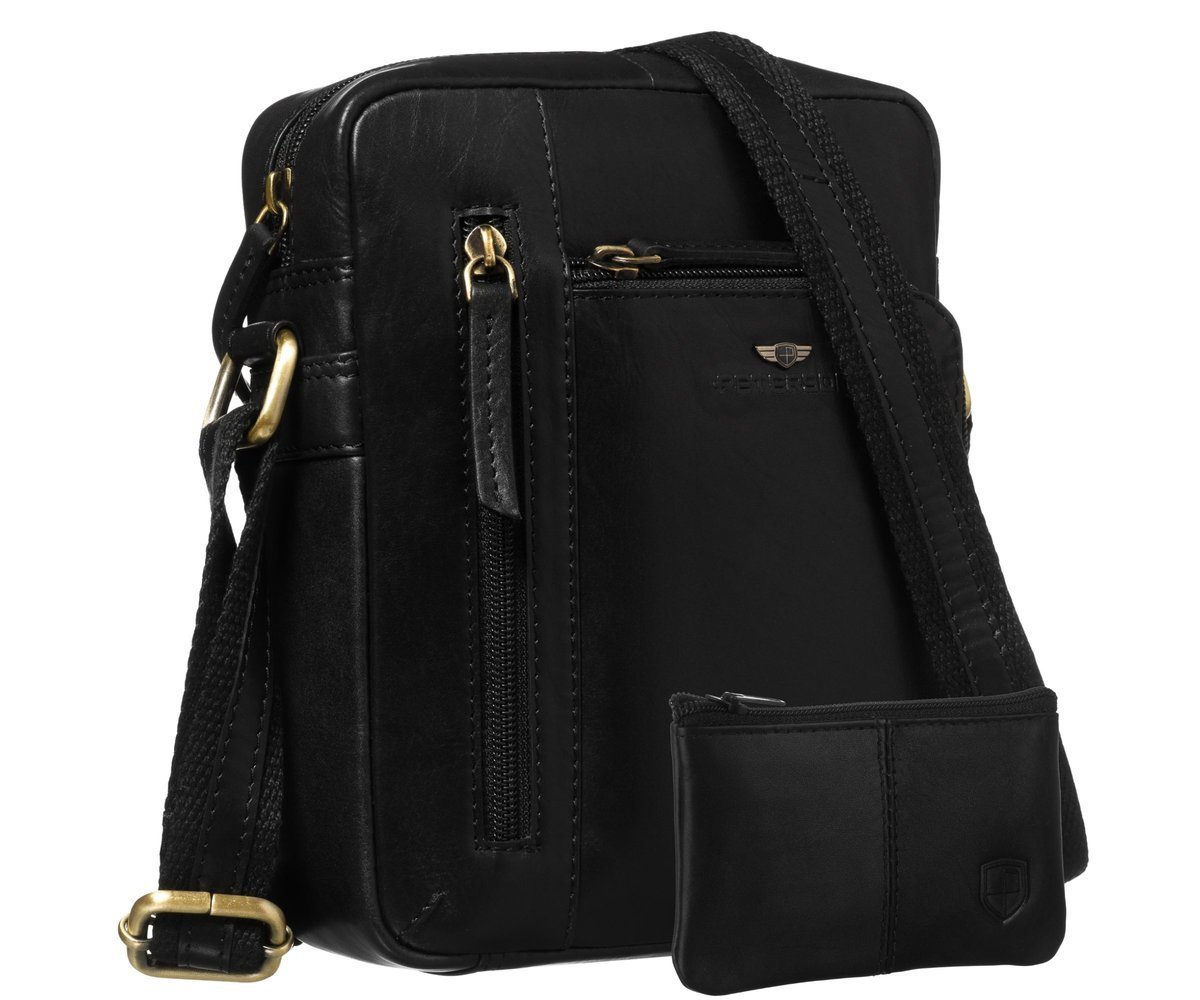 Torebka męska na ramię skórzana PETERSON minimalistyczna elegancka mała listonoszka na suwak kieszonki na dokumenty telefon elegancka czarna + etui ..