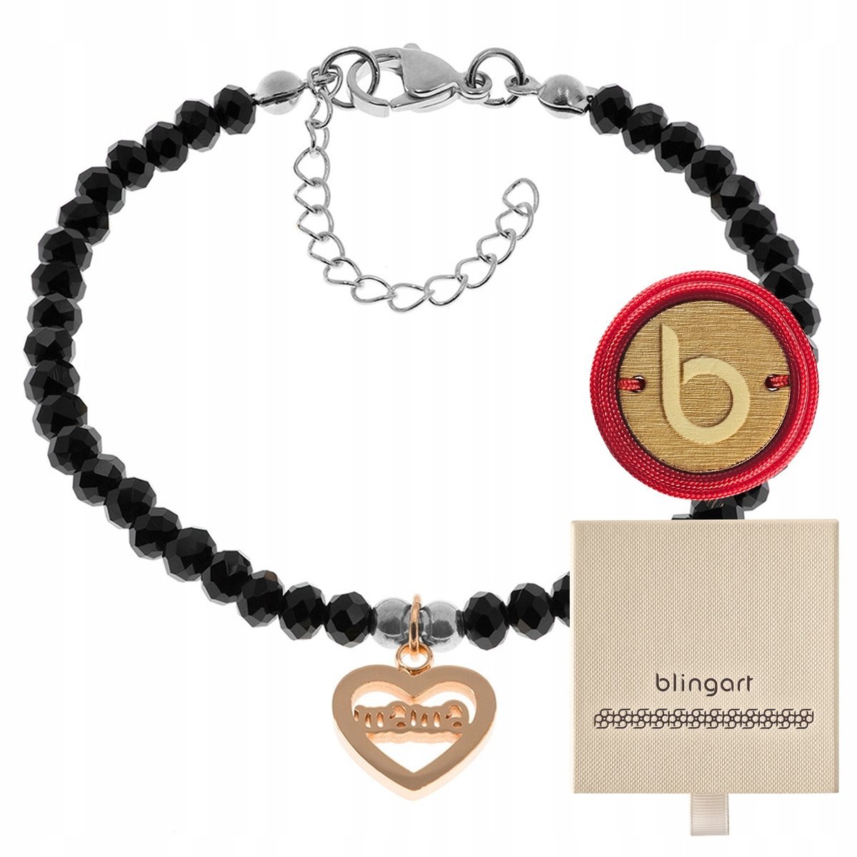Bransoletka damska koraliki Mama Serce czarna regulowana BLINGART