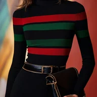 Swetry damskie - TEMU Sweter Damski z Długim Rękawem - Elegancki Czarno-Czerwono-Zielony Sweter w Paski, Modny Top na Biuro i Imprezy, Niezbędnik do Jesienno-Zimowej - miniaturka - grafika 1