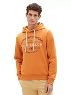 Bluzy męskie - Męska bluza z kapturem TOM TAILOR Basic z nadrukiem logo, 32243-pomidorowy krem pomarańczowy, L - miniaturka - grafika 1