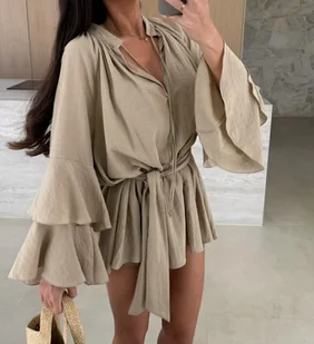 Zwiewna letnia sukienka z paskiem - Beżowy S - Sukienki - miniaturka - grafika 1