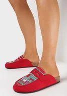 Klapki i japonki damskie - Czerwone Klapki Mule na Korkowej Podeszwie Ozdobione Koralikami Enoria - miniaturka - grafika 1