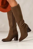 Kozaki damskie - Brązowe kozaki skórzane damskie Sergio Leone przed kolano na ozdobnym słupku pasek z nitami PA74331-H - miniaturka - grafika 1