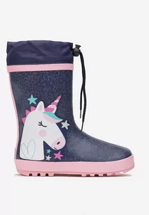 Granatowe Kalosze ze Ściągaczem na Cholewce i Nadrukiem z Jednorożcem Kathas - Kalosze damskie - miniaturka - grafika 1