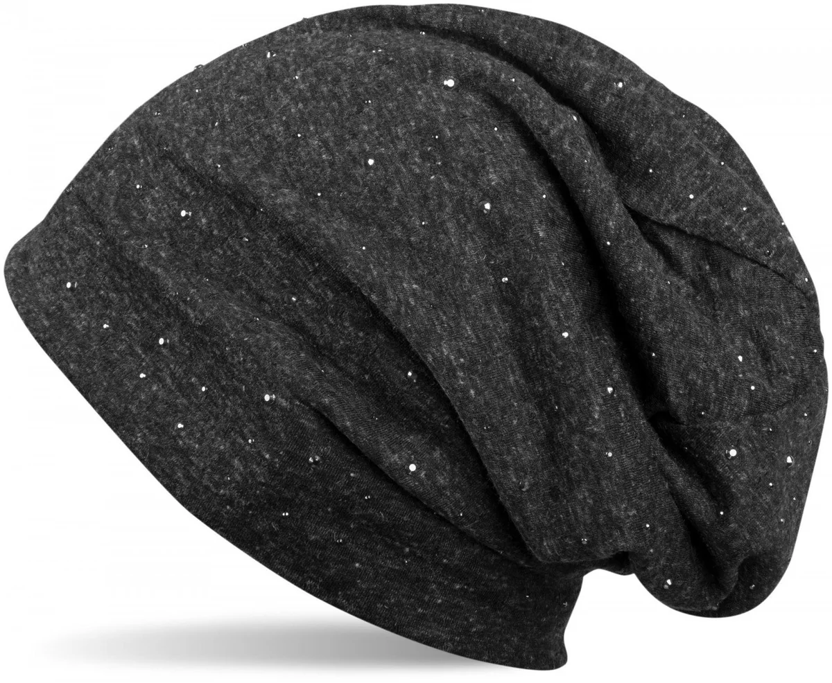 styleBREAKER Damska czapka beanie ze szlachetnymi aplikacjami z nitami strasu, Longbeanie Slouch 04024037, Czarny nakrapiany / Used Look, jeden rozm..