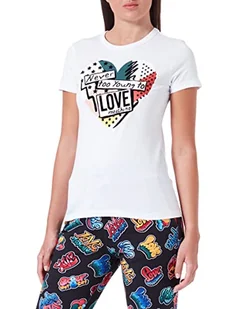 Love Moschino Damska koszulka slim fit z krótkim rękawem z patchworkowym nadrukiem serca, optical white, 42 - Koszulki i topy damskie - miniaturka - grafika 1