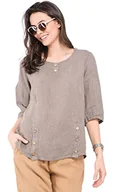 Koszulki i topy damskie - Bonateks damska top 100% lniana tunika Made in Italy, okrągły dekolt z guzikami i półrękawami, szarobrązowy, rozmiar: M, Szarobrązowy, M - miniaturka - grafika 1