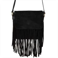 Torebki damskie - Vera Pelle włoska listonoszka z frędzlami skóra naturalna licowa i zamszowa czarna - miniaturka - grafika 1