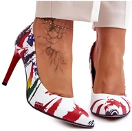 Czółenka - Modne Skórzane Szpilki Lewski Shoes 2659 Biało-Czerwone białe - miniaturka - grafika 1