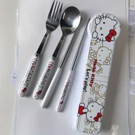 Inne - TEMU Zestaw 3 sztuk sztućców podróżnych Hello Kitty ze stali nierdzewnej - Przenośny, trwały, odporny na rdzę, dopuszczony do kontaktu z żywnością, - miniaturka - grafika 1