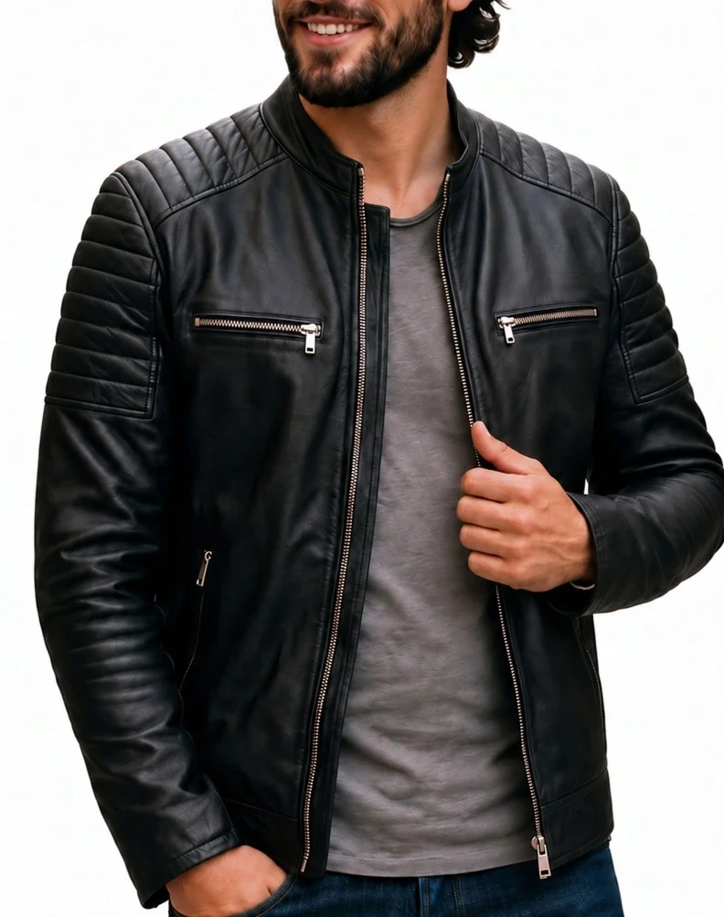 Kurtka męska czarna skórzana ramoneska biker z zamkami casual jesienna czarny skóra ekologiczna