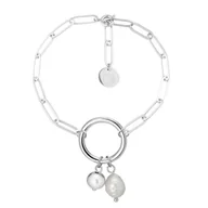 Bransoletki - Bransoletka damska srebrny łańcuch z perłą i kołem ze stali szlachetnej - Manoki - miniaturka - grafika 1