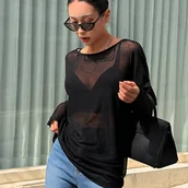 Inne - TEMU 1 szt. Elegancka Przezroczysta Bluzka z Długim Rękawem, 100% Poliestrowa Dzianina, Jednolity , Okrągły Dekolt, Moda na Wiosnę/Jesień, Bez - miniaturka - grafika 1