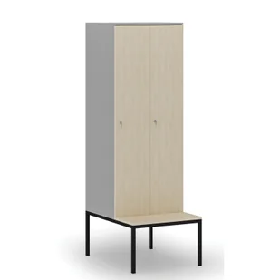 Drewniana szafa ubraniowa z ławką, 2-drzwiowa, 1871 x 600 x 500/800 mm, zamek cylindryczny, szary/brzoza - Szafy biurowe - miniaturka - grafika 1