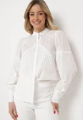 Koszule damskie - Biała Bawełniana Koszula ze Stójką i Ażurową Koronką Lathorissa - miniaturka - grafika 1