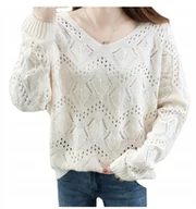 Swetry damskie - Sweter Damski Ażurowy Biały - miniaturka - grafika 1