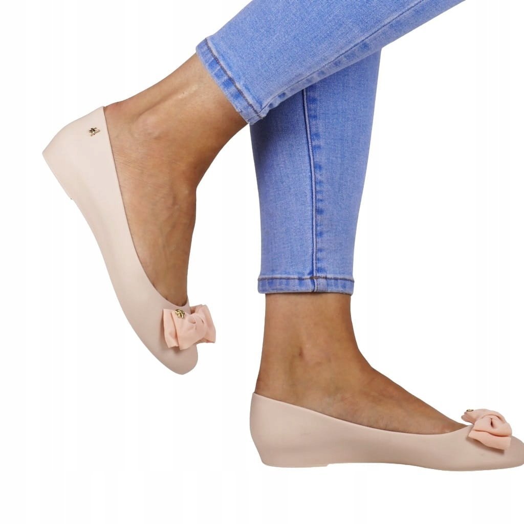 BEŻOWE BALERINY BUTY Z GUMY MELISKI GUMOWE DO WODY Z KOKARDKĄ MIĘKKIE
