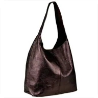 Plecaki worki - Torebka worek skórzana shopper brąz czekolada metaliczna - miniaturka - grafika 1
