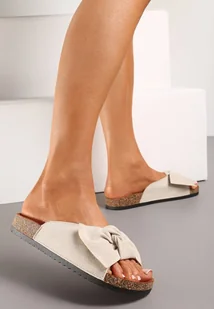 Beżowe Klapki na Korkowej Podeszwie z Kokardką z Imitacji Zamszu Giatalia - Klapki i japonki damskie - miniaturka - grafika 1