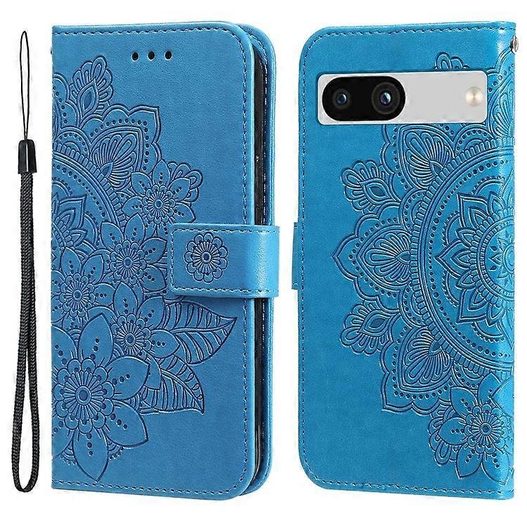 Kompatybilny z Google Pixel 7a Anti-Scratch PU Leather Cover Case Kwiat Nadruk Stojak na telefon Portfel Phone Shell Niebieski
