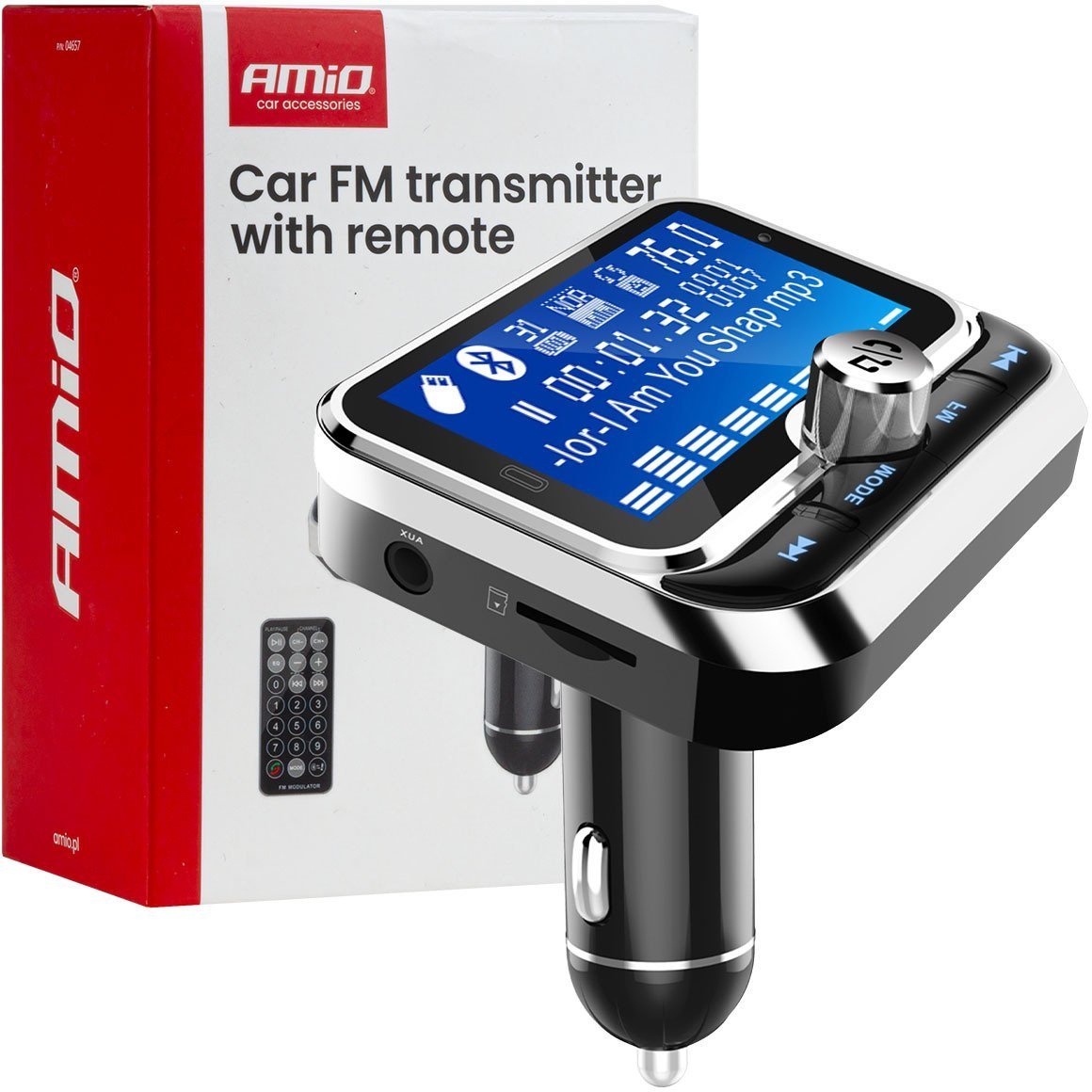 Transmiter samochodowy fm z pilotem 2×usb-a 12v 24vamio-04657
