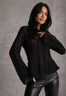 Bluzki damskie - Czarna Bluzka z Koronki Ozdobiona Rozszerzanymi Rękawami Lertiola - miniaturka - grafika 1