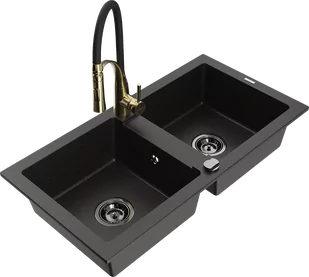Mexen Mario zlewozmywak granitowy 2-komorowy z baterią kuchenną Aster, czarny/złoty metalik - 6504-75-73450-57-B - Zlewozmywaki z baterią - miniaturka - grafika 1