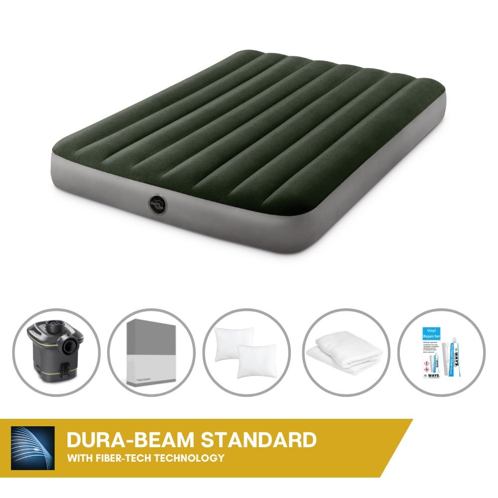 Dmuchane łóżko Intex - 2 osoby - 137 x 191 x 25 cm - Zielony - Z pompką + prześcieradło antracytowe + poduszka + poszewki Molton 2 w 1 + zestaw naprawczy