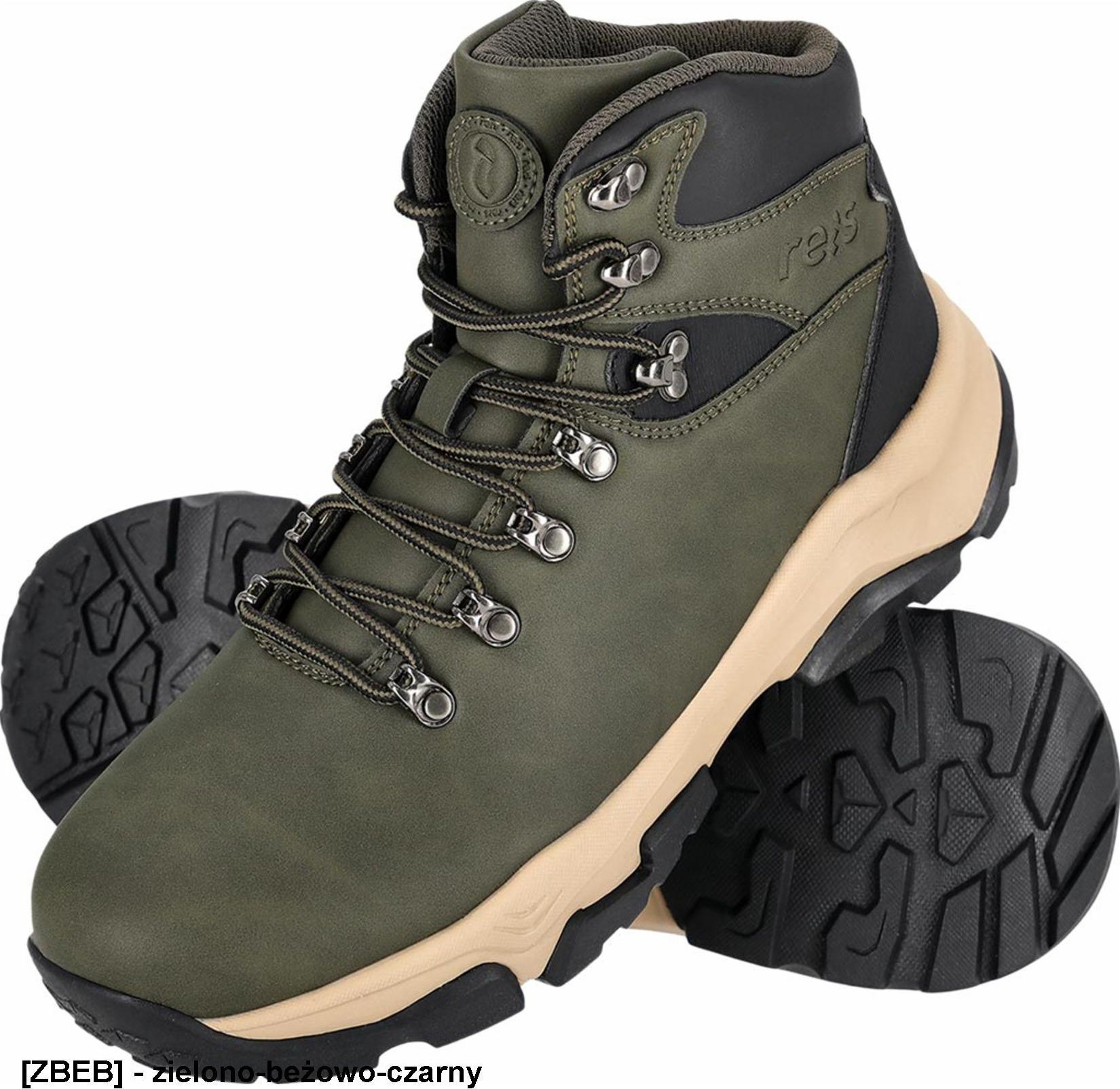 Buty trekkingowe męskie Reis BALPINE - Lekkie i wygodne trzewiki męskie wykonane z PU ze wstawkami z PVC podeszwa wykonana z phylonu oraz gumy - zielono-beżowo-czarny 45