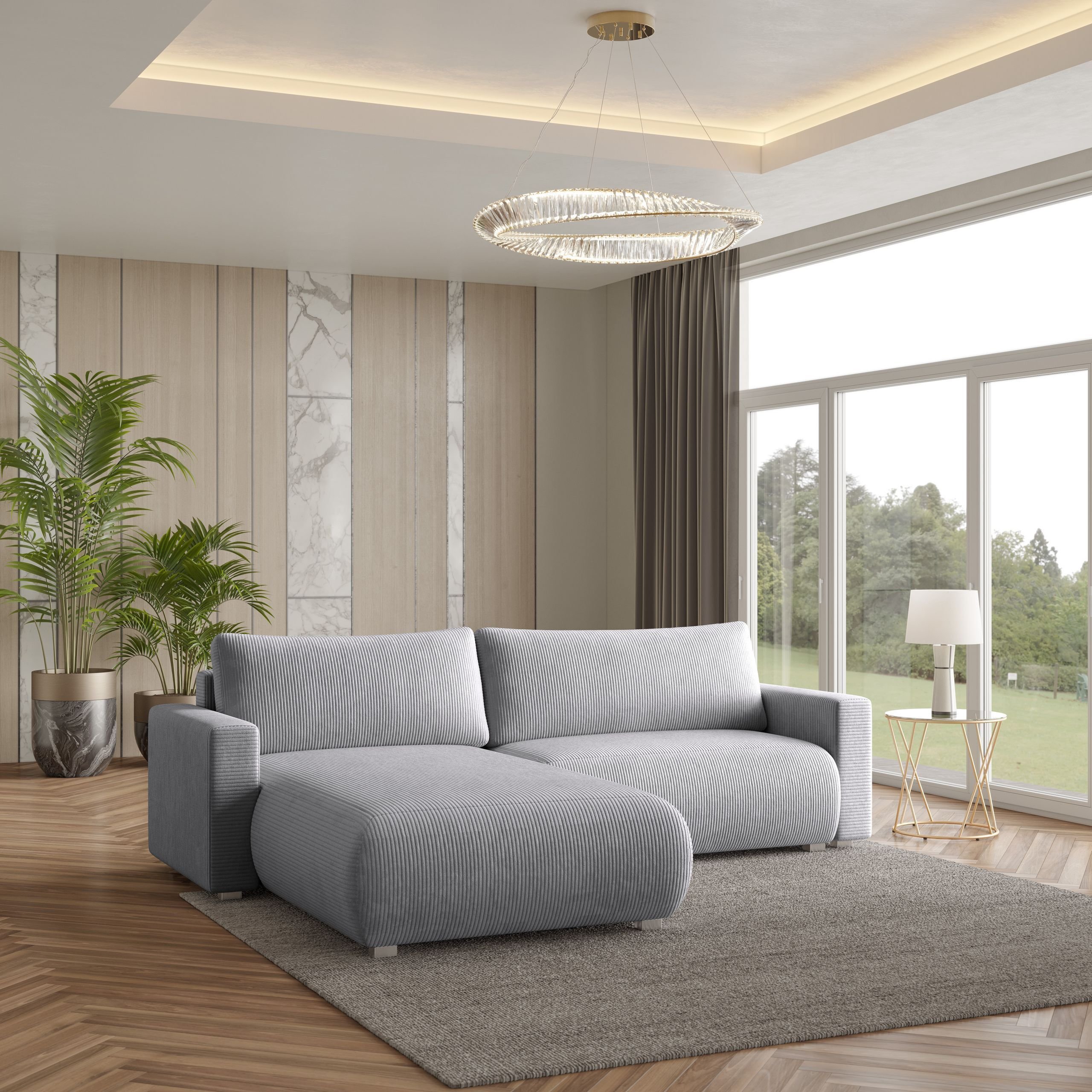 Masseno Narożnik TURIN P z funkcją spania i pojemnikiem na pościel Kształt L, Rozkładana sofa, Rogówka - Jasnoszary, POSO 55