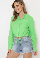 Koszule damskie - Jasnozielona Krótka Bawełniana Koszula Ściągana Troczkami na Dole Zapinana na Guziki Efimba - miniaturka - grafika 1
